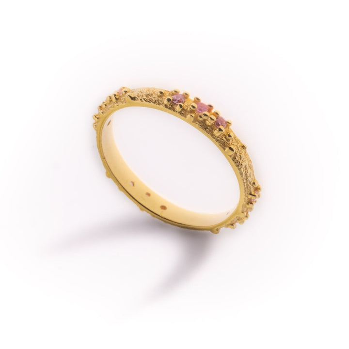 טבעת מימי ציפוי זהב- אבני טורמלין ורודות