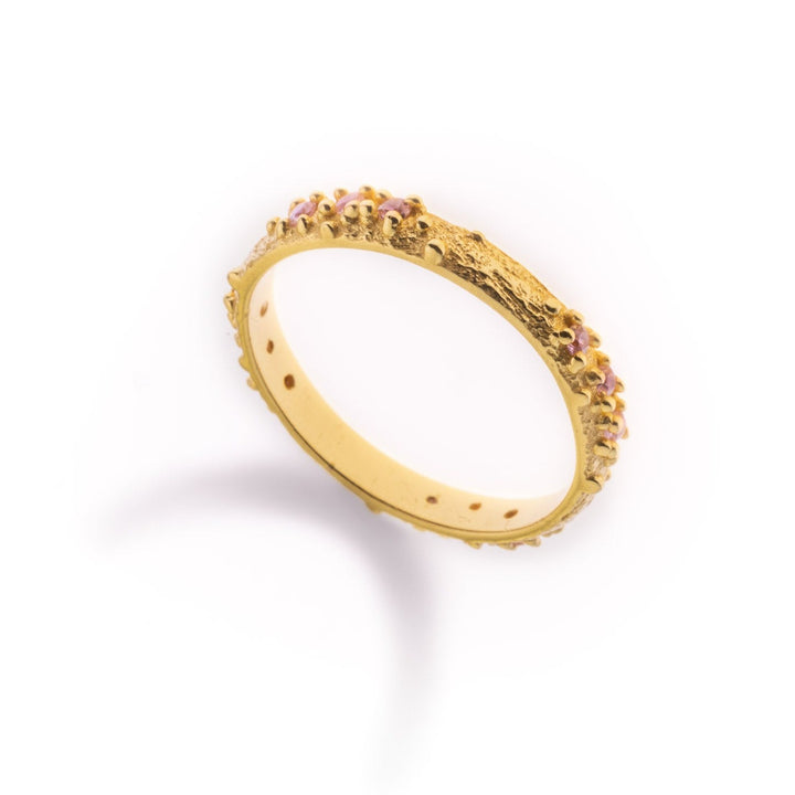 טבעת מימי ציפוי זהב- אבני טורמלין ורודות
