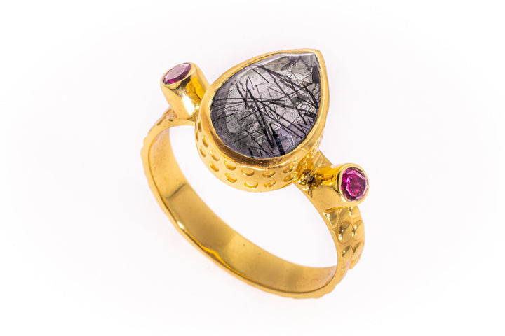 טבעת היילי ציפוי זהב-אבן טורמלין קוורץ וטורמלין ורודות